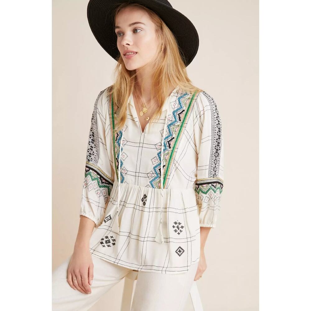 Vineet Bahl Brielle Peasant Top Womens Small White Embroidered Tasseled Blouse